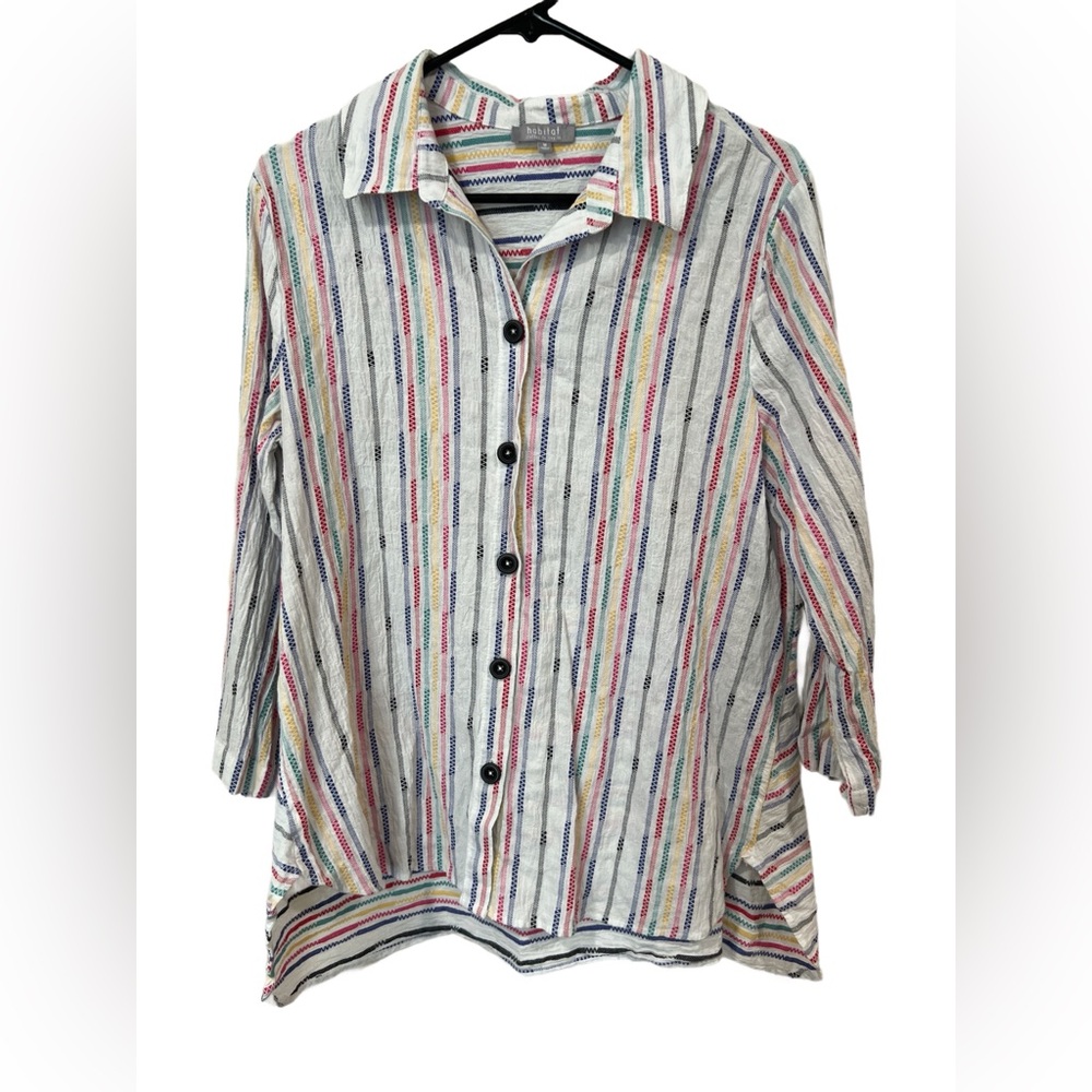 Habitat Button Down Shirt with Notched Collar and 3/4 Sleeves in White and Black